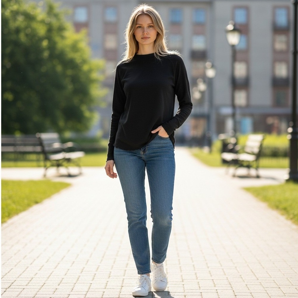 Wasabi + Mint Black Long Sleeve Crew Neck Top Lettuce Edge Hem WMT3581 Medium
